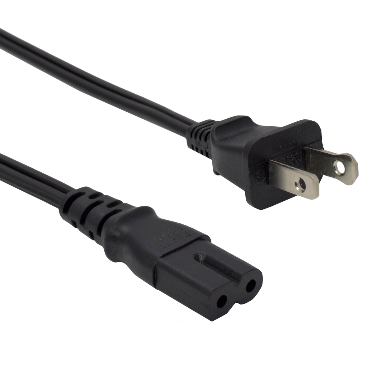 A black power cord with a polarized 1-15P plug on one end and a C7 connector on the other.