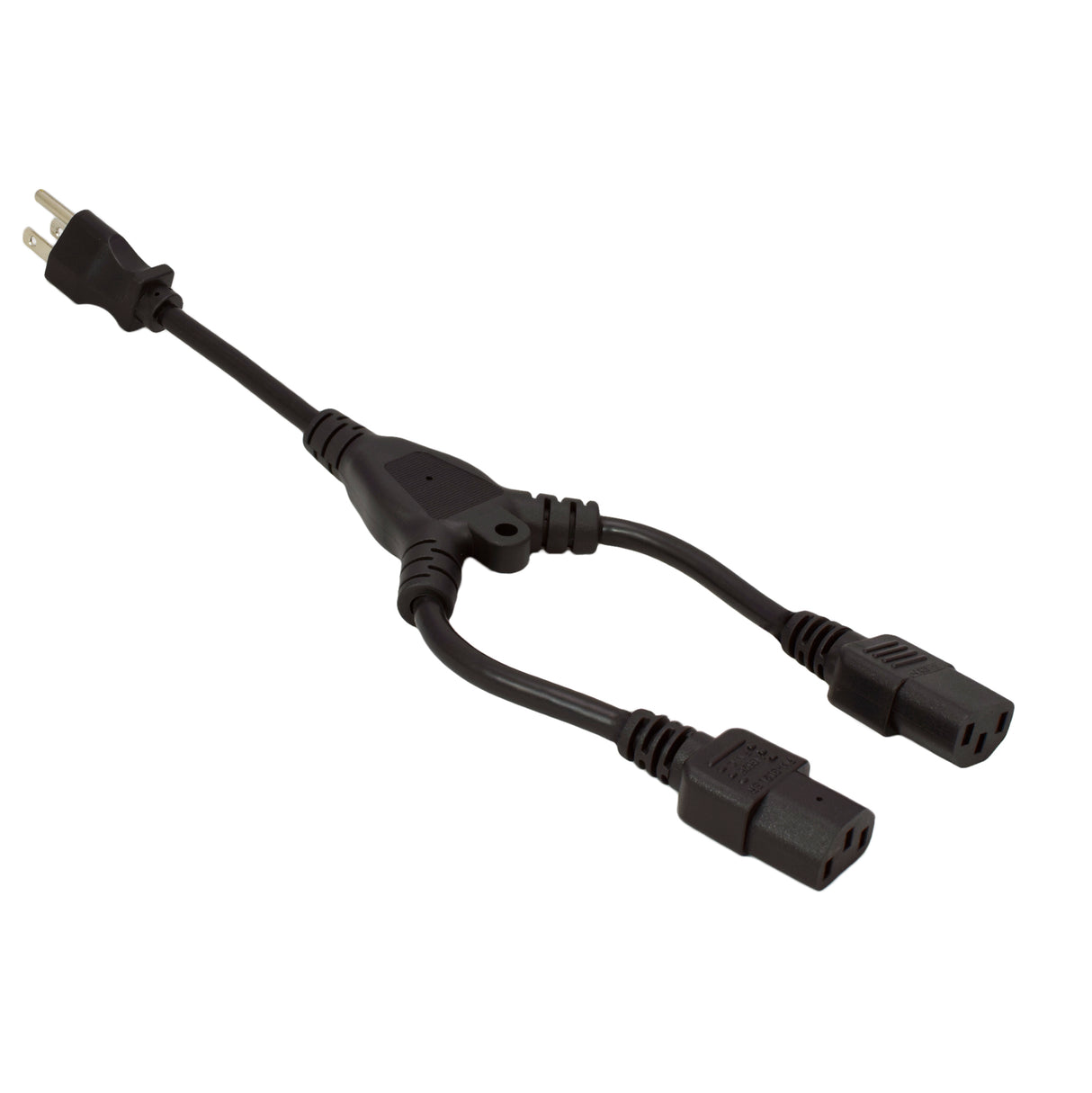 A black 5-15P to 2 C13 power cord adapter with a 10 Amp 18/3 SVT jacket.