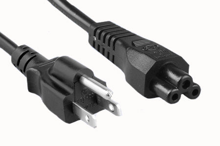A black power cord with a 5-15P plug on one end and a C5 connector on the other.