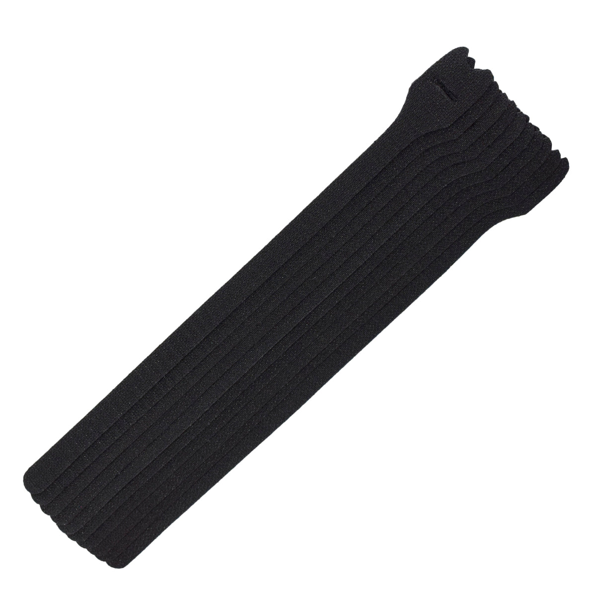 A pack of black 12-inch grip ties designed for cable management.