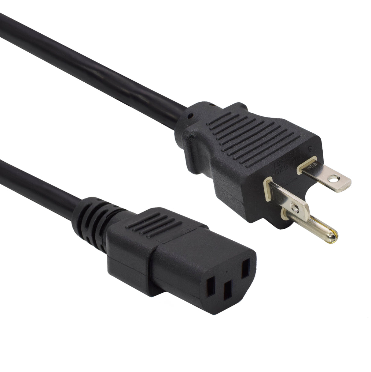 A black power cord with a C13 connector on one end and a 5-20P connector on the other end, both in a vertical orientation.