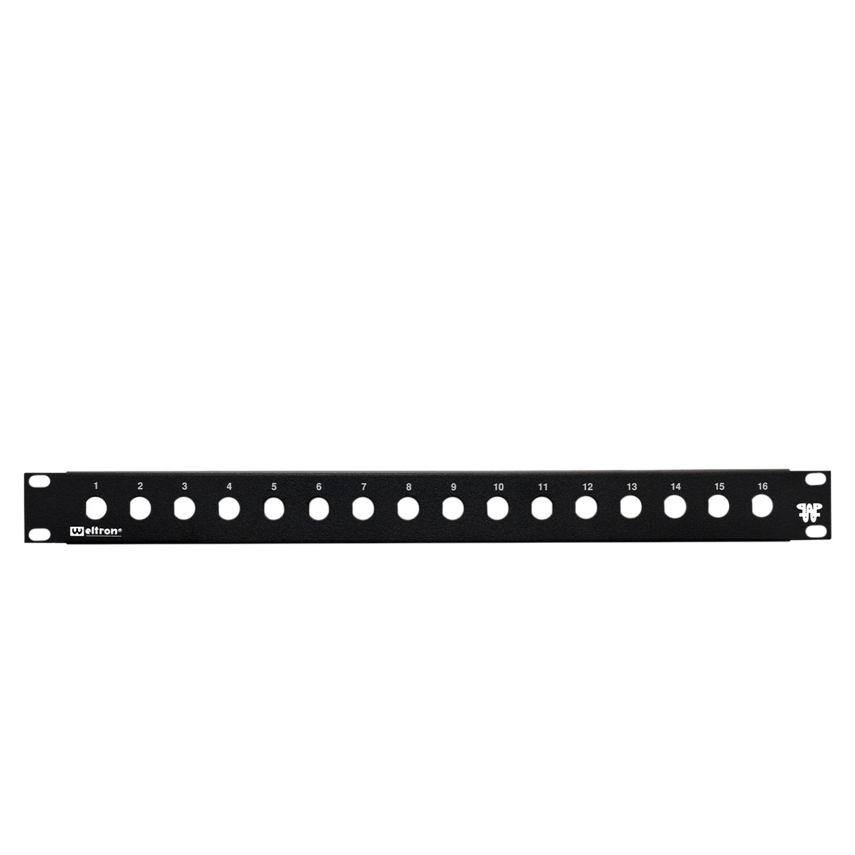 A 16 port 1/2 inch blank feedthru panel with round holes for cable management in a rack mount setup.