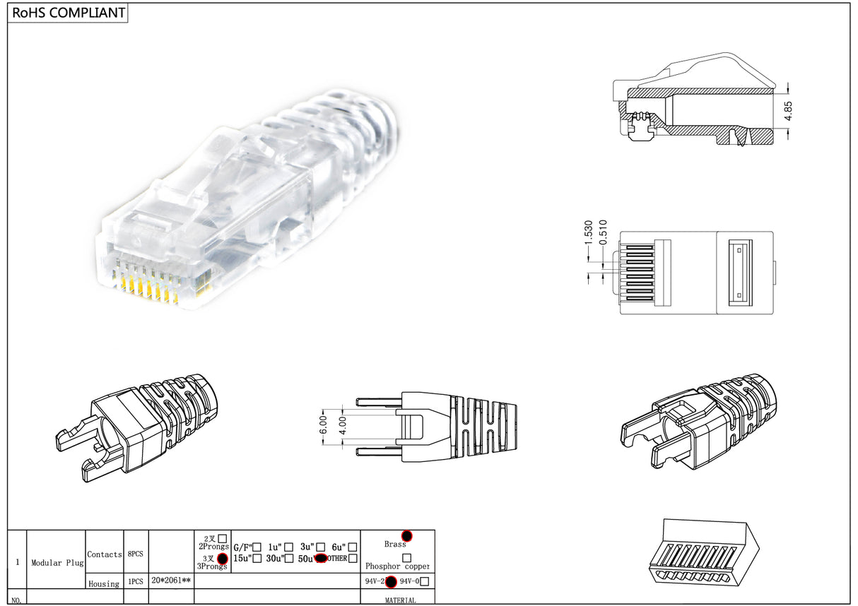 Category 6A 28AWG Snagless RJ-45 Modular Plug and Boot