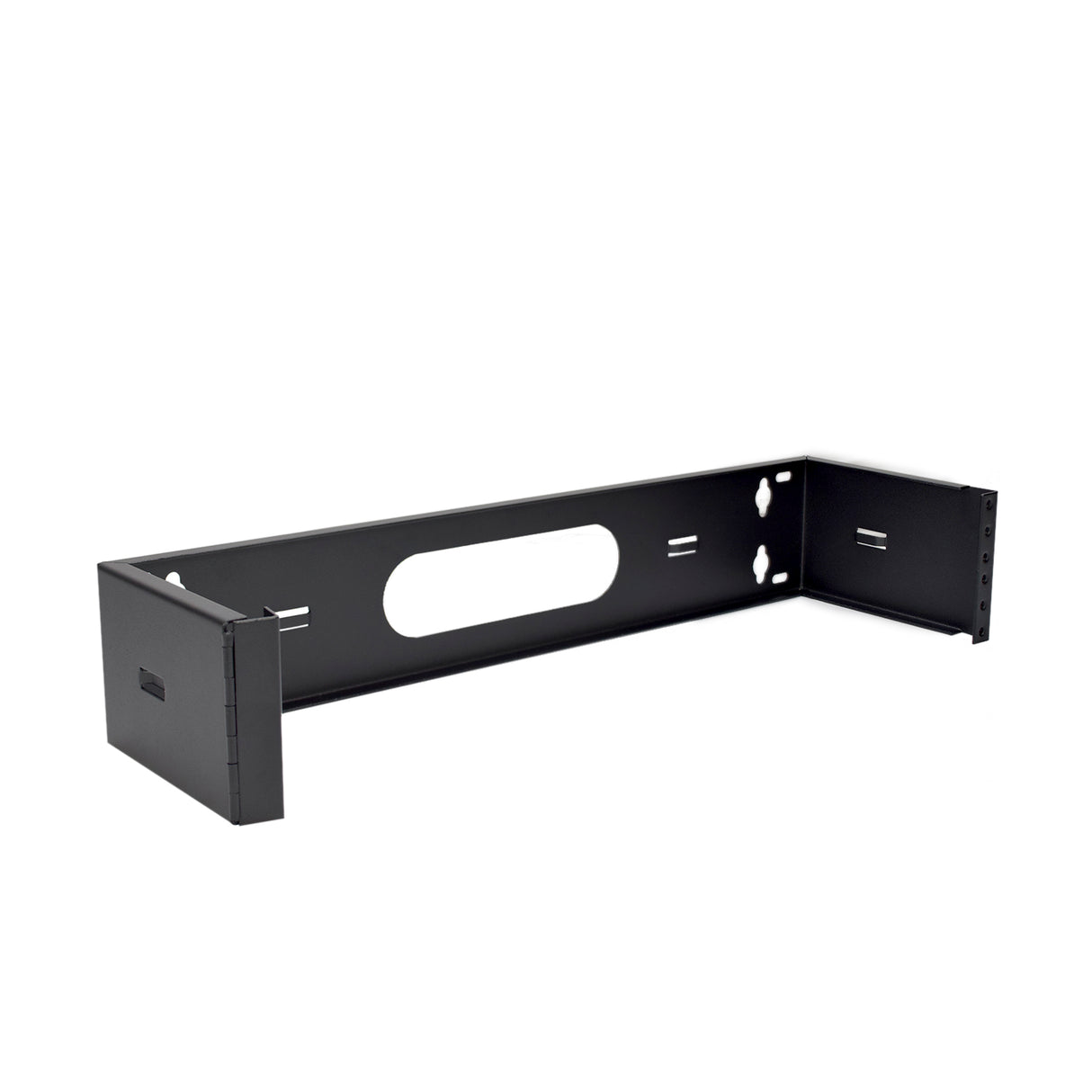 A black 2 RU wall mount bracket with a 5-inch depth, designed for mounting networking equipment, with a hinged door for easy rear access.