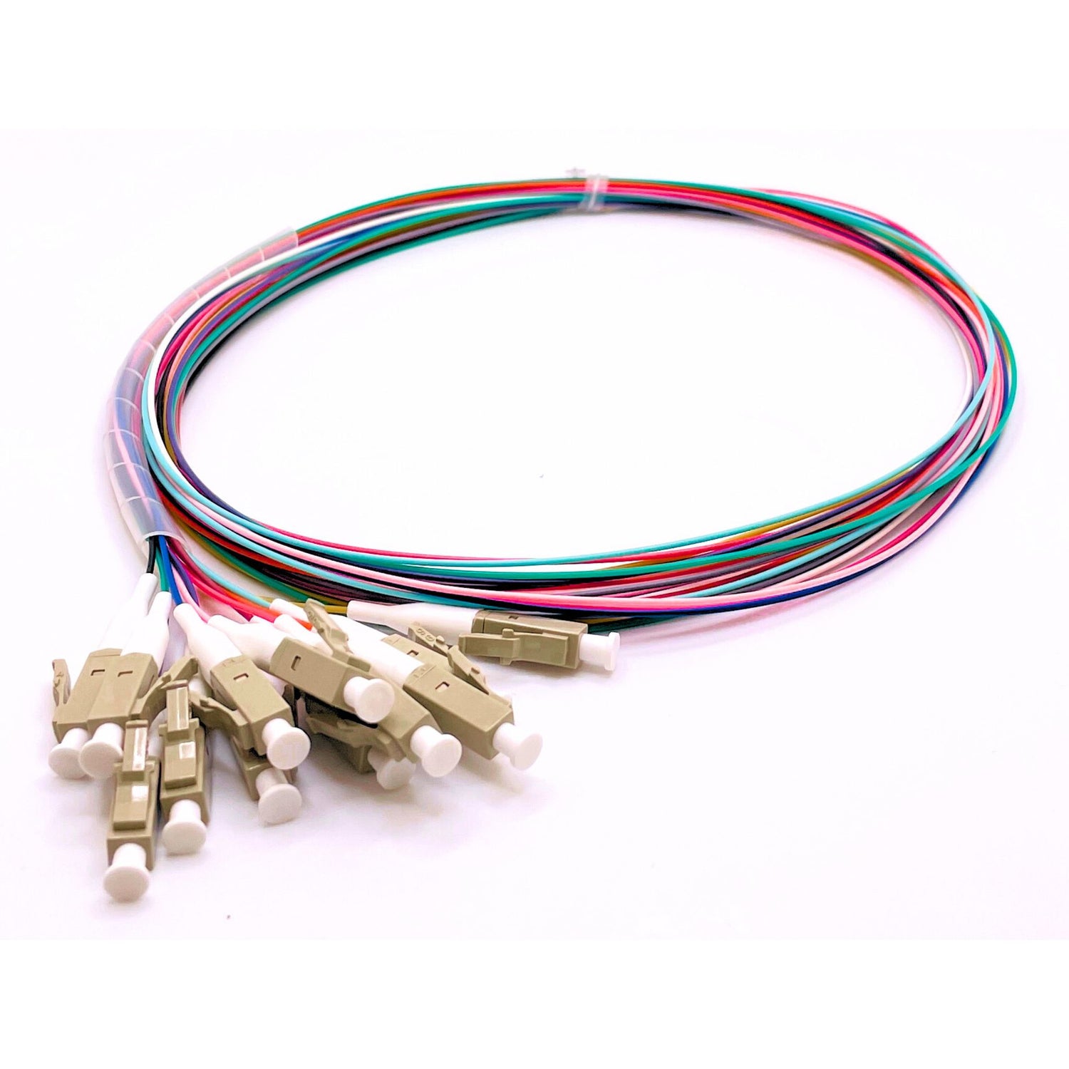 1 Meter (3ft) LC UPC 12 Fibers OM3 Multimode Unjacketed Color-Coded PVC (OFNR) 0.9mm Fiber Optic Pigtail (OM3 Fiber Tight Buffer)