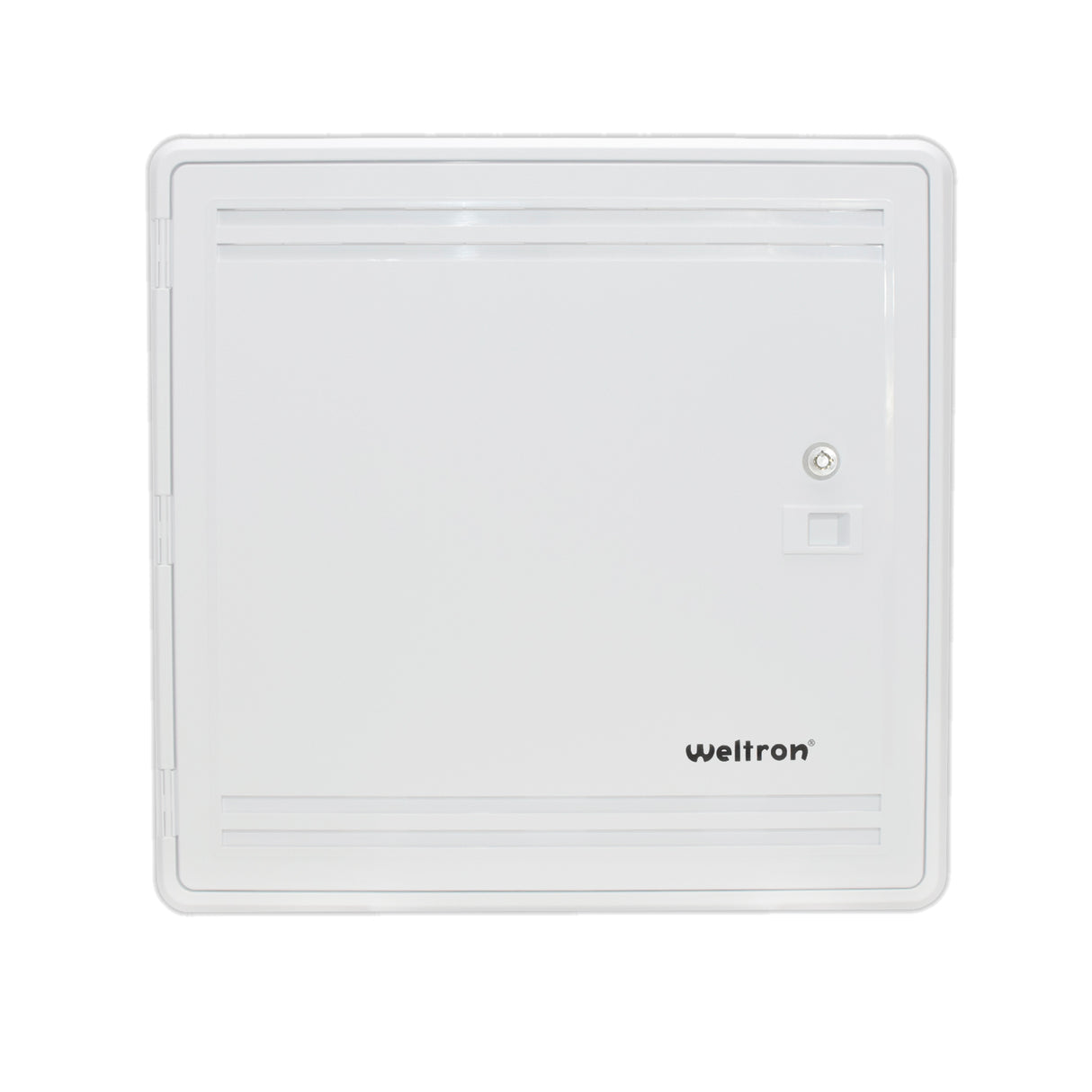 A white 15-inch Multi-Media Structured Wiring Enclosure with a secure door, designed for flush mount installation on walls.