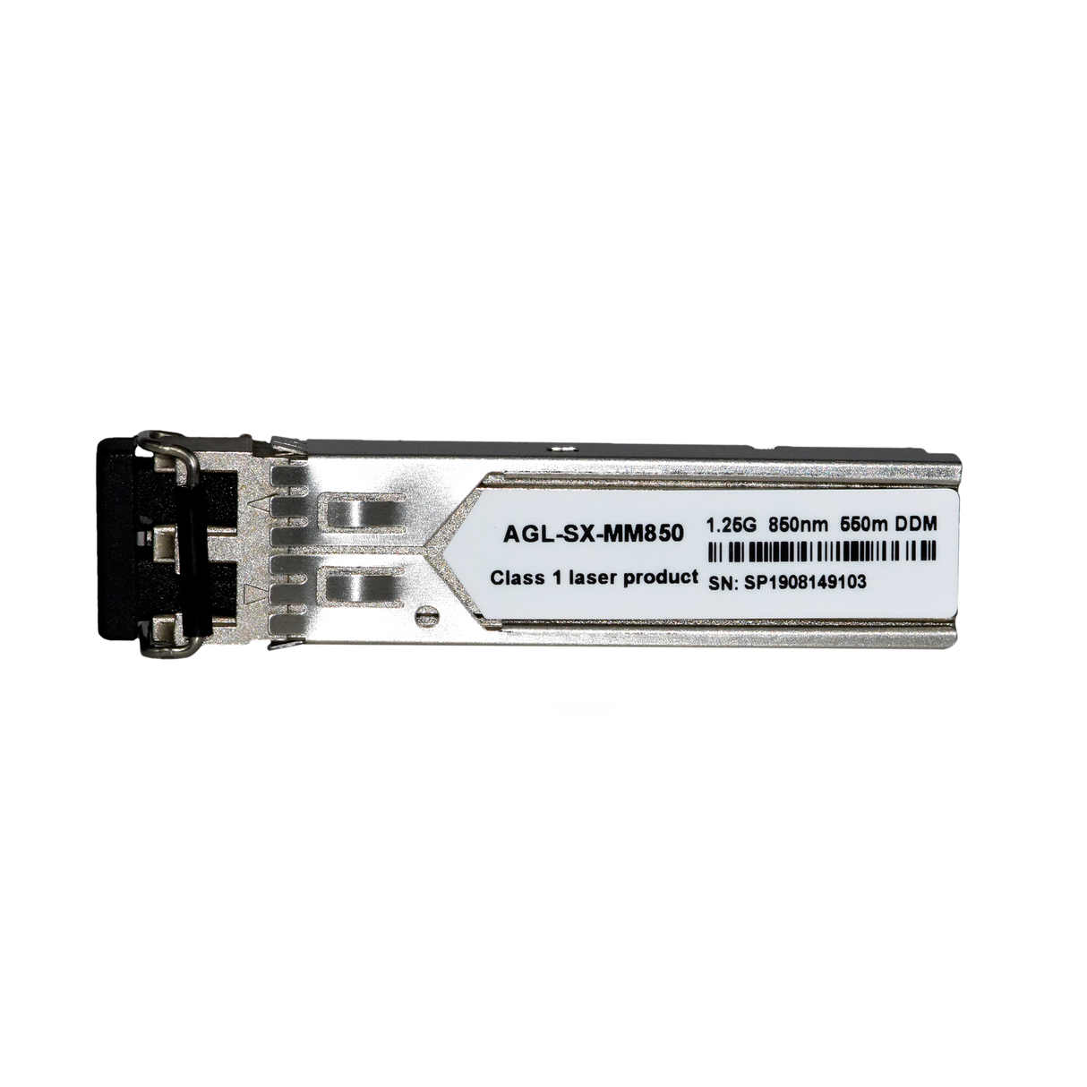 A single mode SFP module with part number AGL-SX-MM55G, displaying specifications such as 1310nm and 10km on its label.