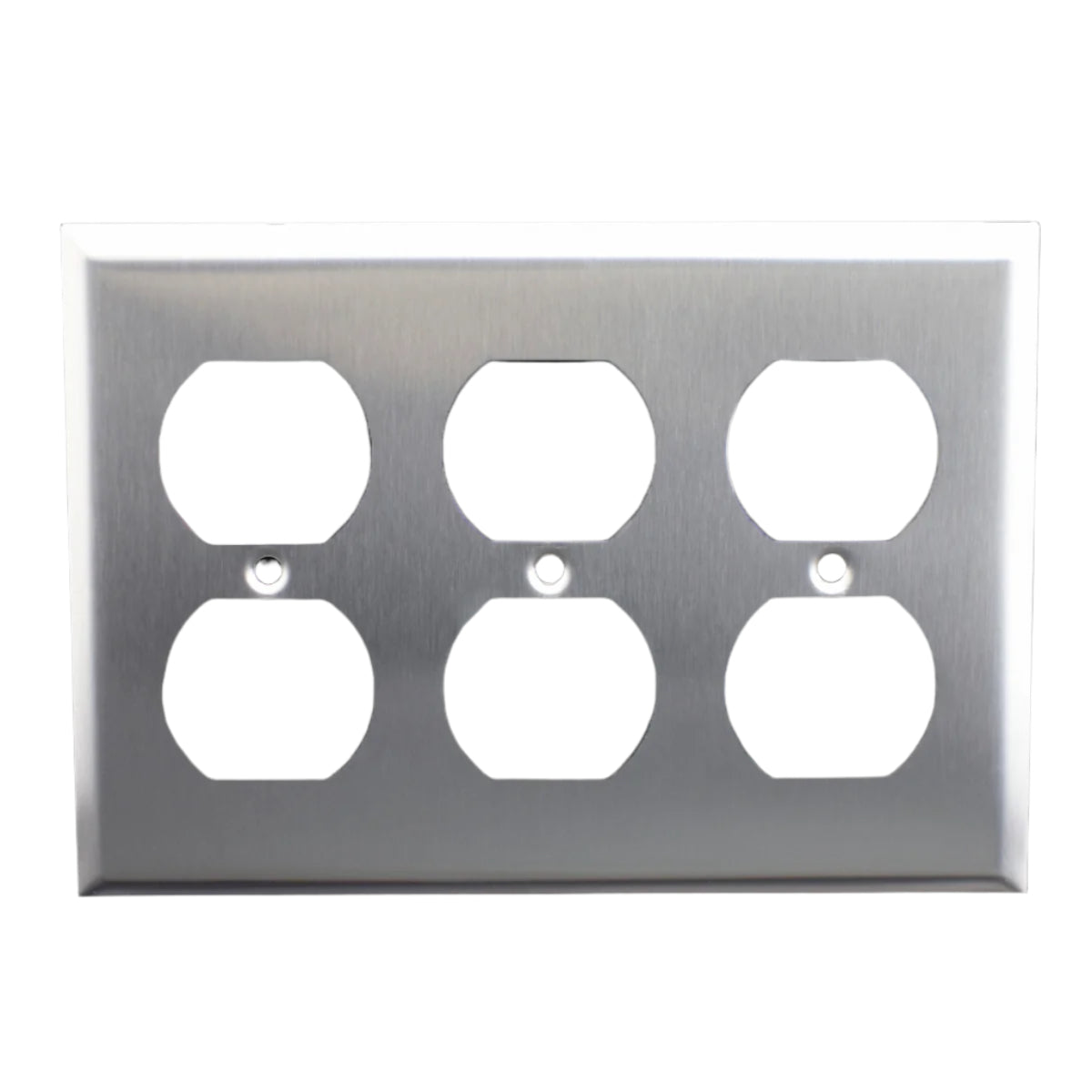 Metallic electrical outlet cover with five black sockets on a white background