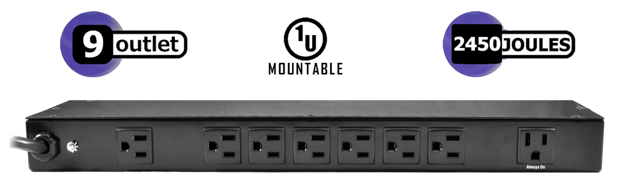 9 Outlet Rack Mountable Surge Protector with 15ft Cord Power Strip