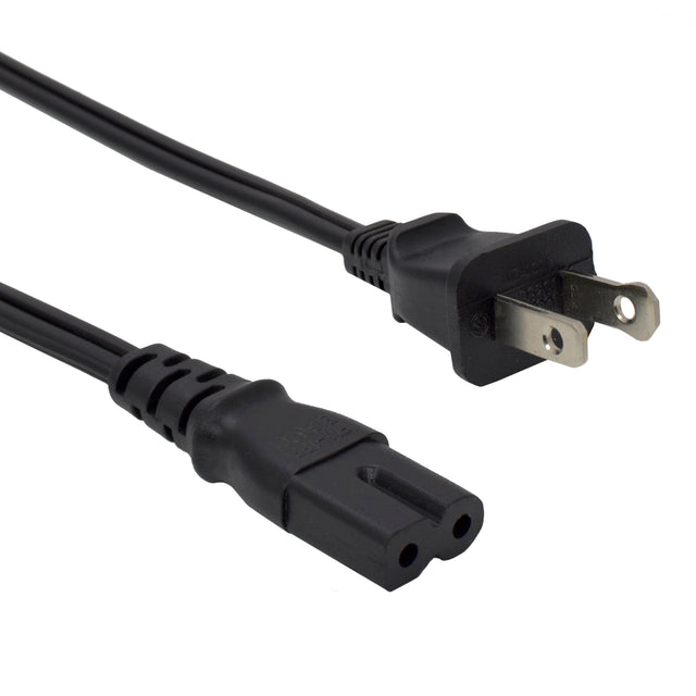 A black power cord with a polarized 1-15P plug on one end and a C7 connector on the other.