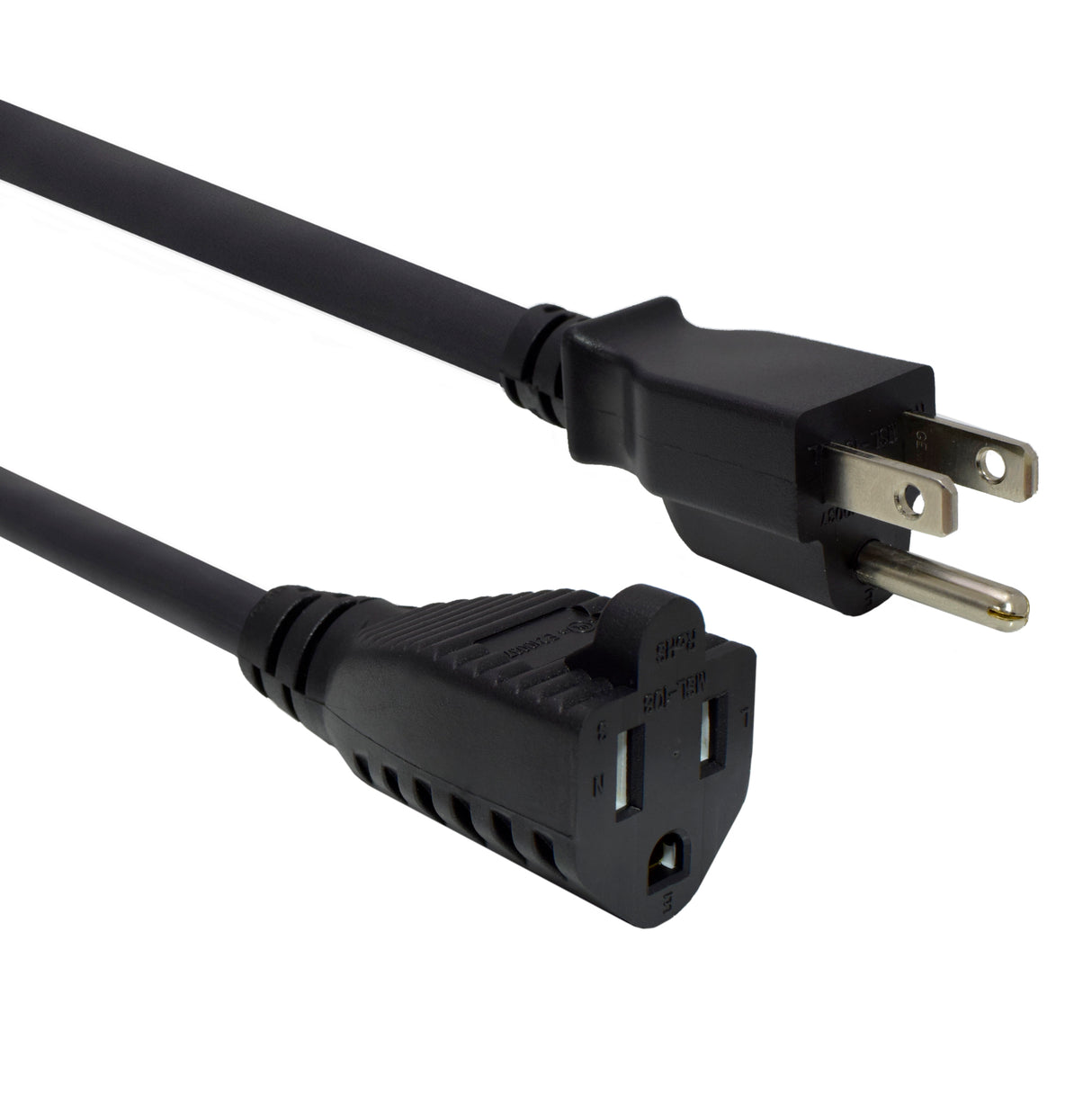 A black power cord with one end having a standard North American plug and the other end a matching socket.