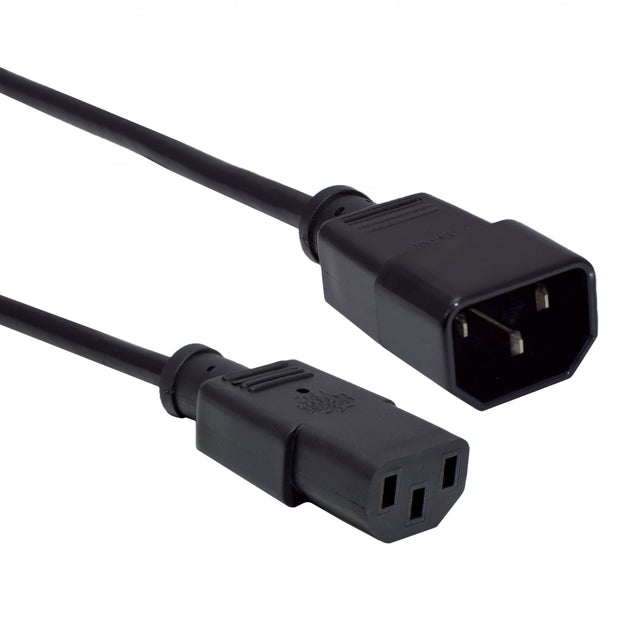 A black C13 to C14 power cord with a 10 Amp rating and an 18/3 SVT jacket.