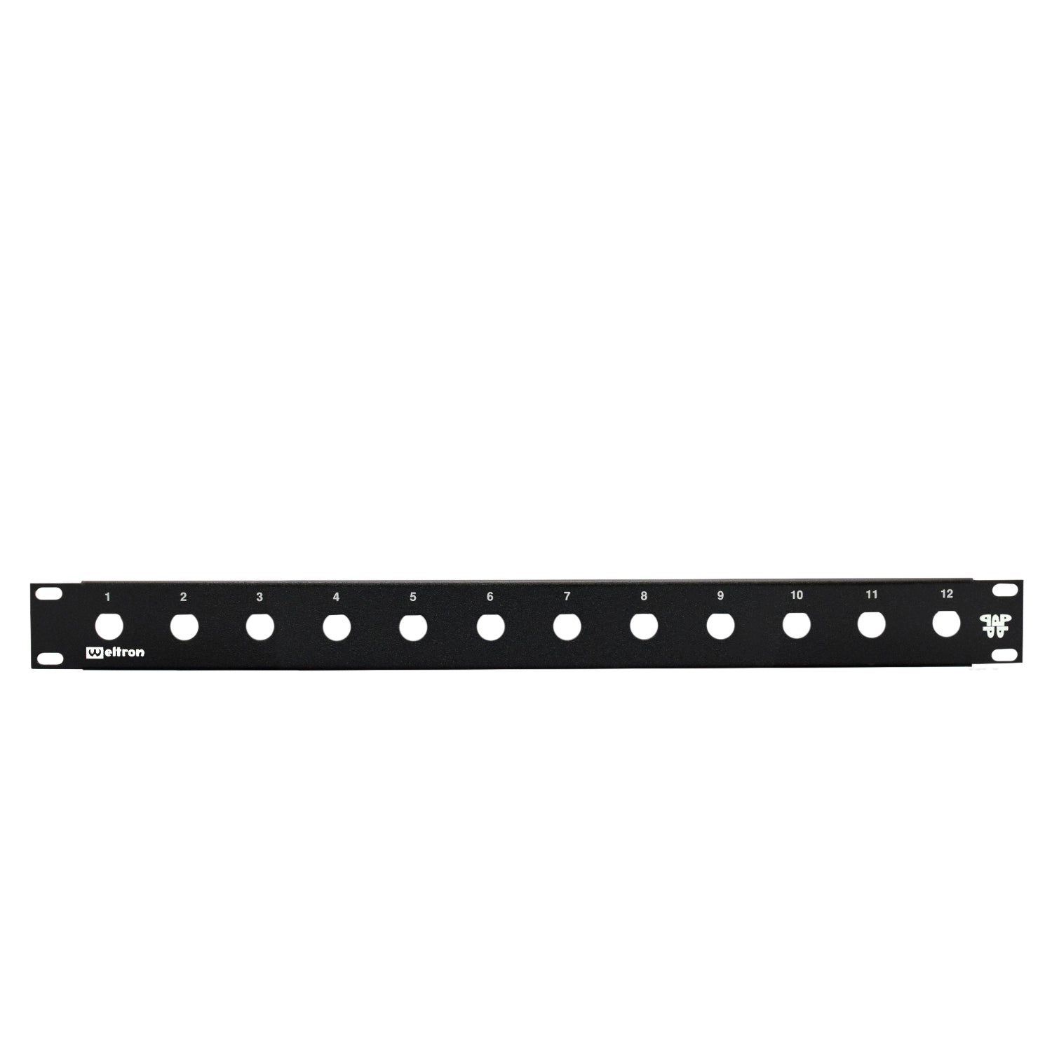 A black 12 port 1/2 inch blank feedthru panel with holes for rack mounting.