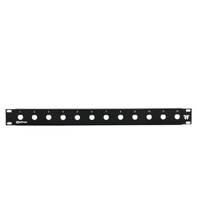 A black 12 port 1/2 inch blank feedthru panel with holes for rack mounting.