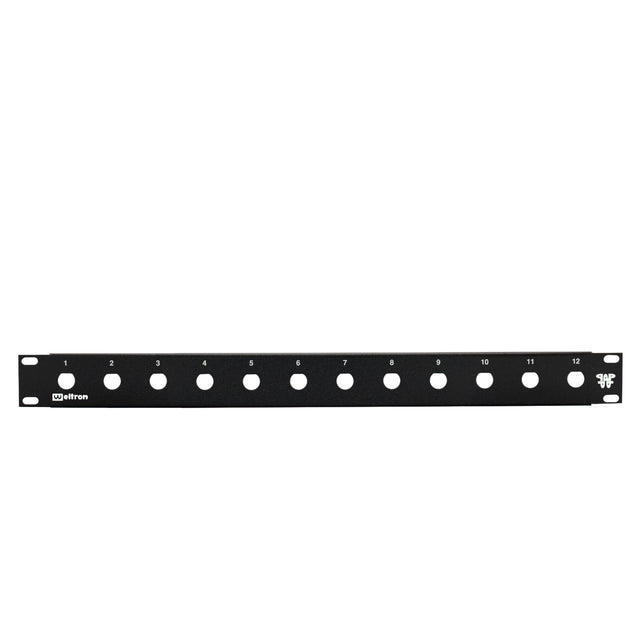 A black 12 port 1/2 inch blank feedthru panel with holes for rack mounting.