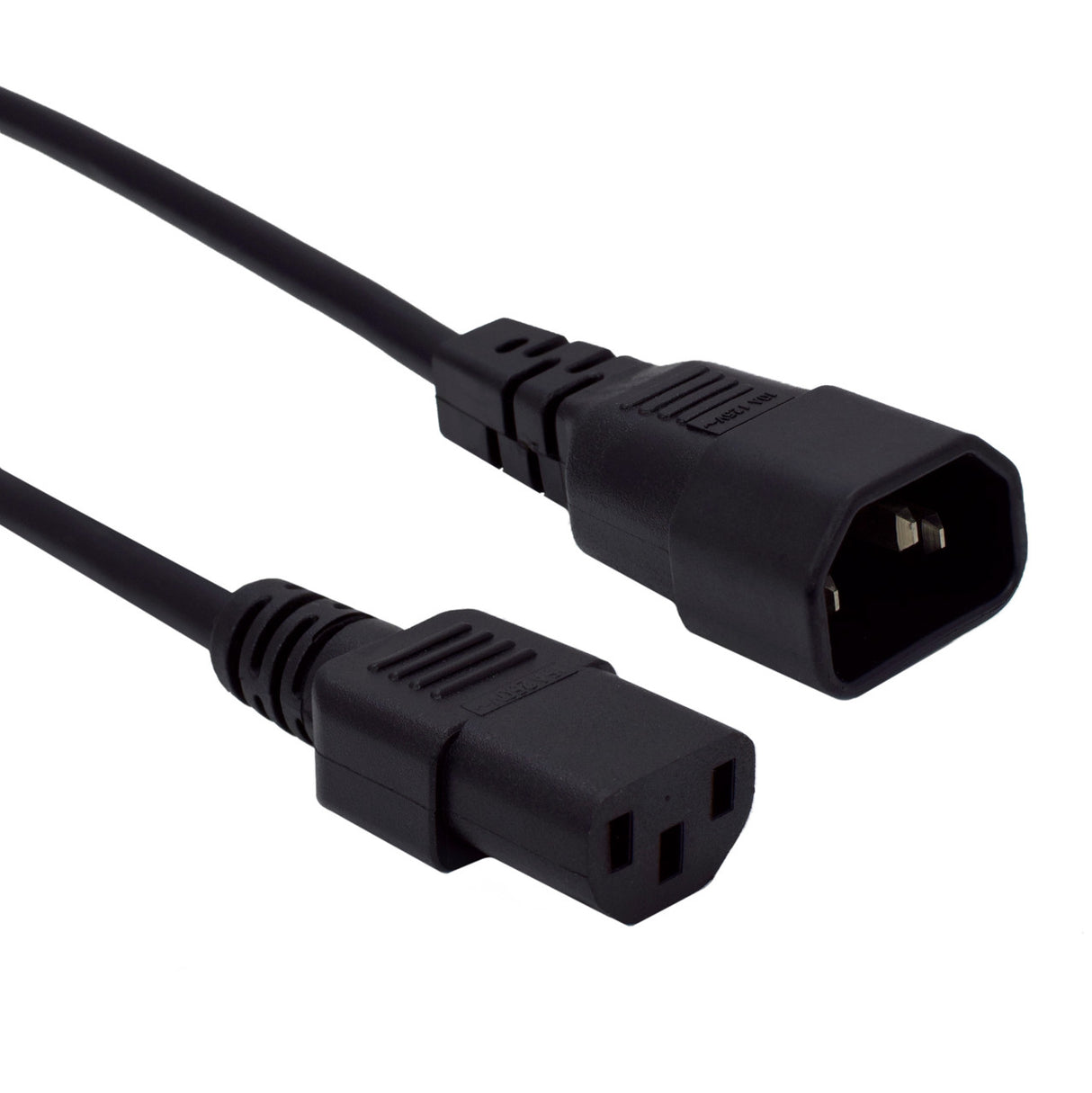 Black power cord with connectors on a white background