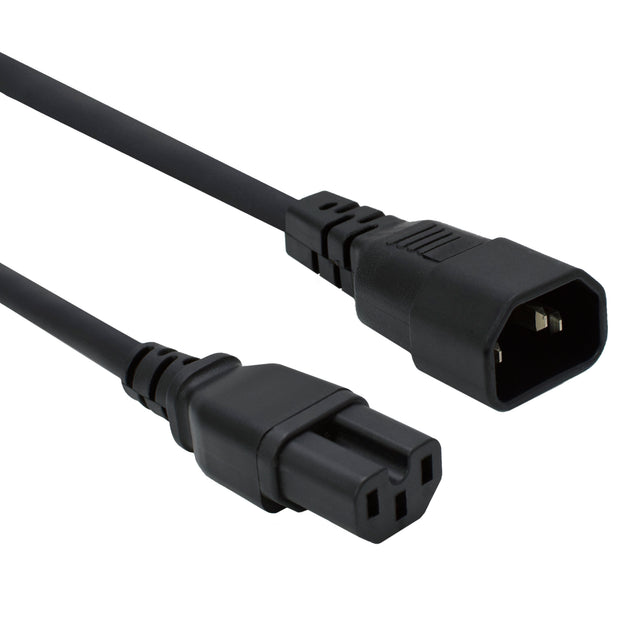 A black power cord with a C14 connector on one end and a C15 connector on the other.