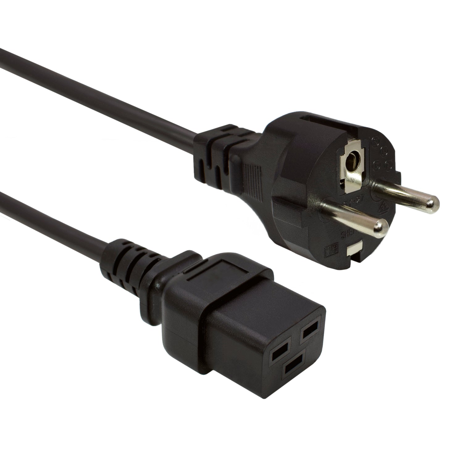 An international power cord with a C19 connector on one end and a Schuko CEE 7/7 plug on the other, both in black color.