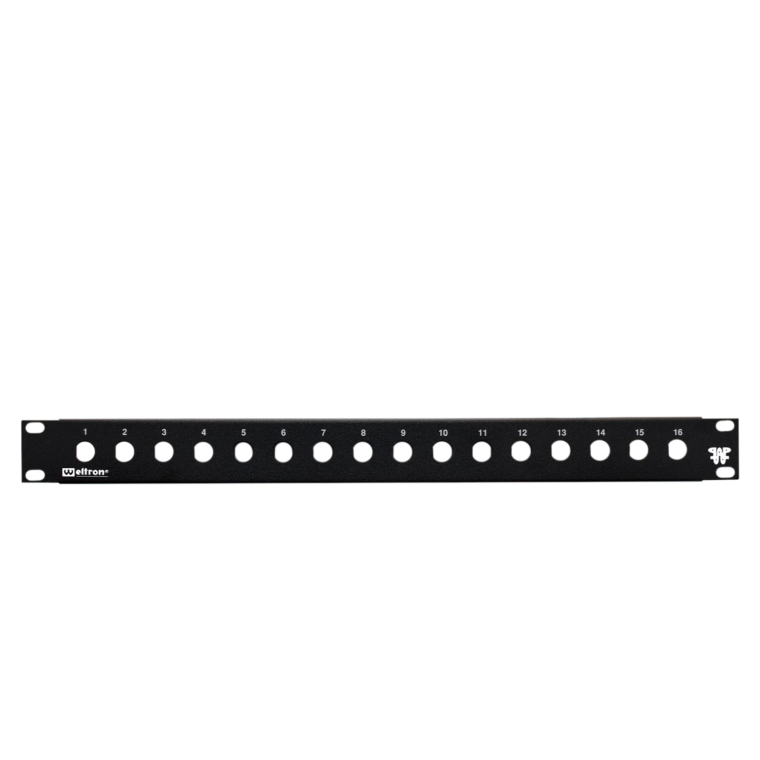 A 16 port 1/2 inch blank feedthru panel with round holes for cable management in a rack mount setup.