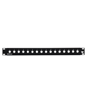 A 16 port 1/2 inch blank feedthru panel with round holes for cable management in a rack mount setup.