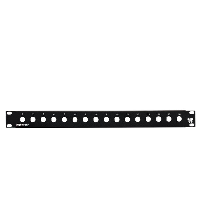 A 16 port 1/2 inch blank feedthru panel with round holes for cable management in a rack mount setup.