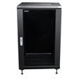 A black 18 RU free-standing cabinet made of SPCC Cold Rolled Steel with removable, locking side panels and front/rear doors, on casters.