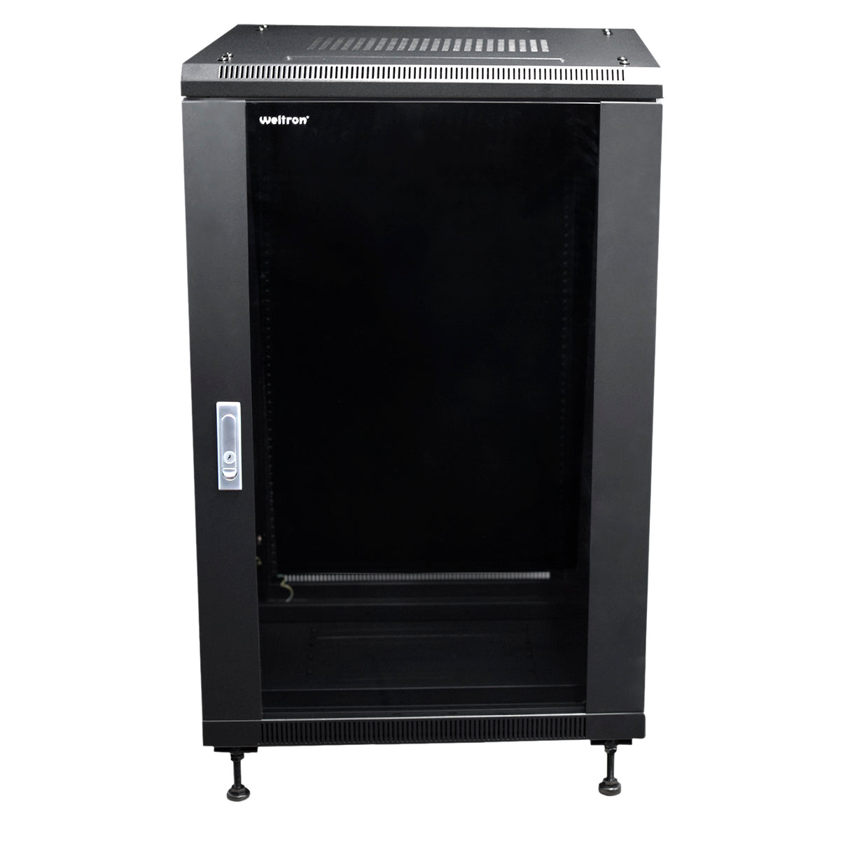 A black 18 RU free-standing cabinet made of SPCC Cold Rolled Steel with removable, locking side panels and front/rear doors, on casters.