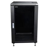 A black 18 RU free-standing cabinet made of SPCC Cold Rolled Steel with removable, locking side panels and front/rear doors, on casters.
