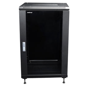 A black 18 RU free-standing cabinet made of SPCC Cold Rolled Steel with removable, locking side panels and front/rear doors, on casters.