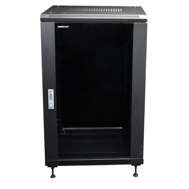 A black 18 RU free-standing cabinet made of SPCC Cold Rolled Steel with removable, locking side panels and front/rear doors, on casters.