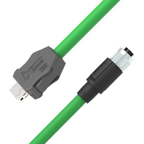 Green cable with gray and black connectors on a white background