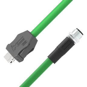 Green cable with gray connector and black sleeve on a white background