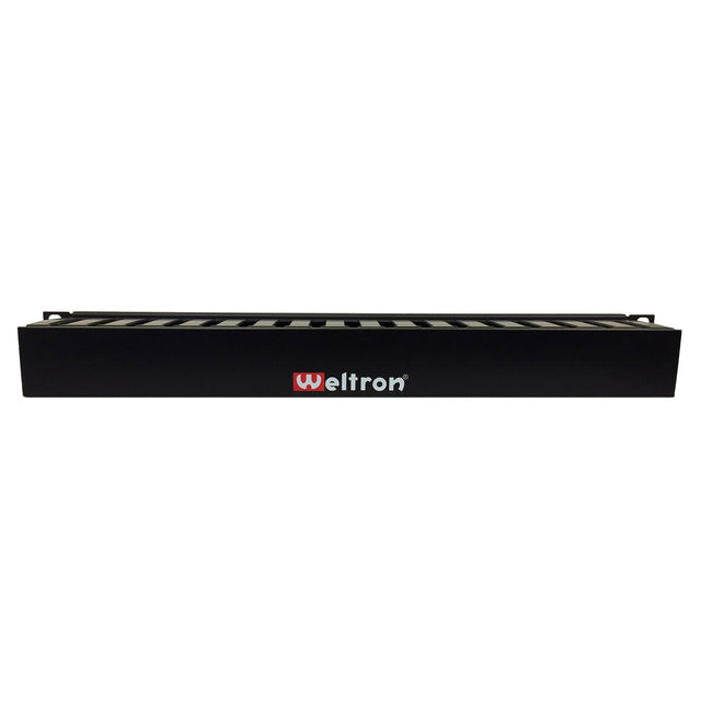 A black 1 RU single-sided finger duct panel with the Weltron logo on the front.
