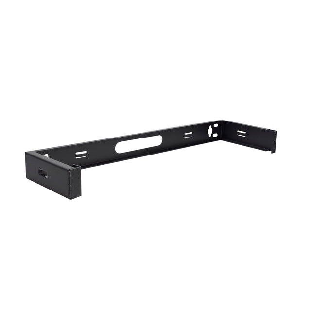 A black 1 RU wall mount bracket with a 5-inch depth, designed for organizing and securing networking equipment in tight spaces.