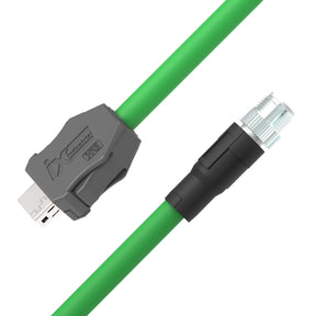 Green cable with a gray connector and black sleeve on a white background
