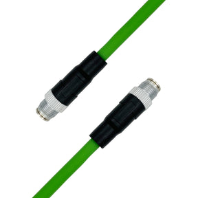 Green cable with black and silver connectors on a white background