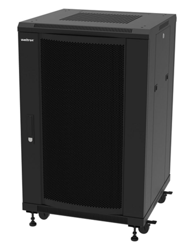 A 22U free-standing network enclosure cabinet with vented front and rear doors, black in color, made from cold rolled steel, with casters for mobility.