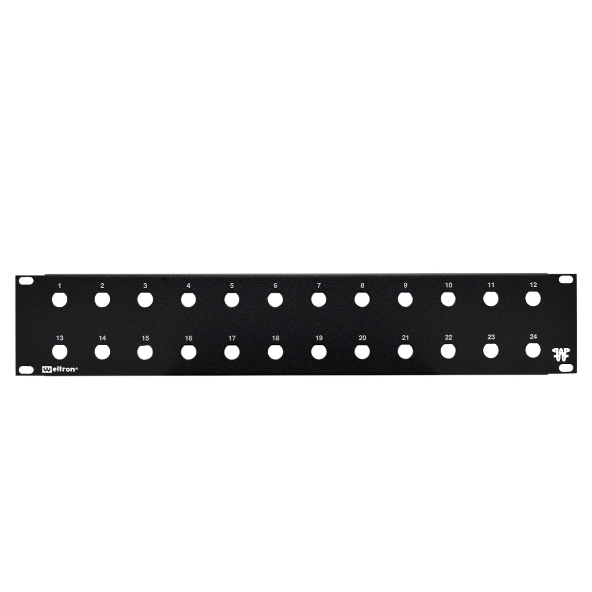 A black 24 port blank feedthru panel with 1/2" holes for rack mounting.