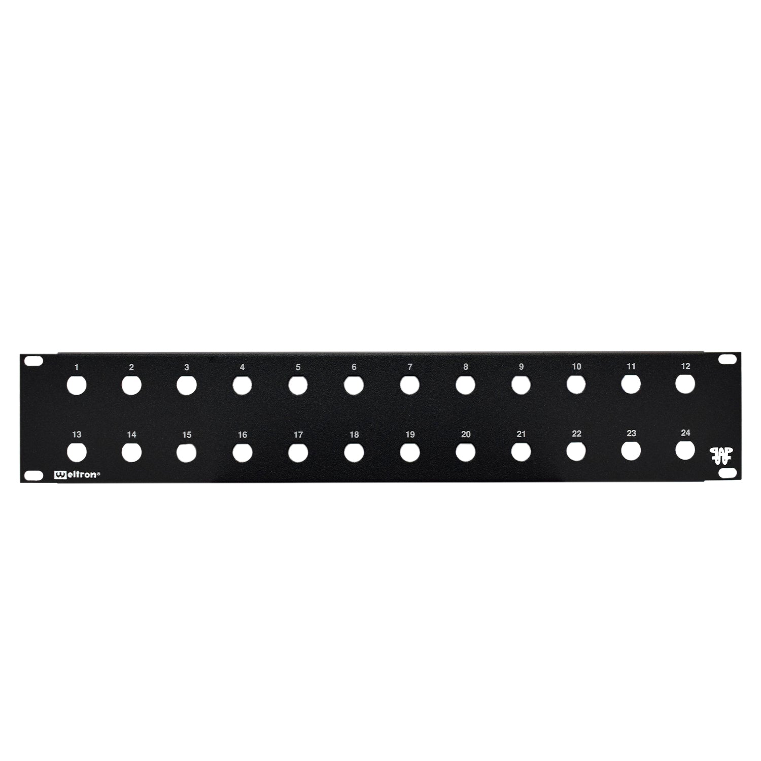 A black 24 port blank feedthru panel with 1/2" holes for rack mounting.