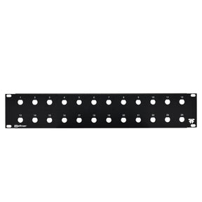 A black 24 port blank feedthru panel with 1/2" holes for rack mounting.