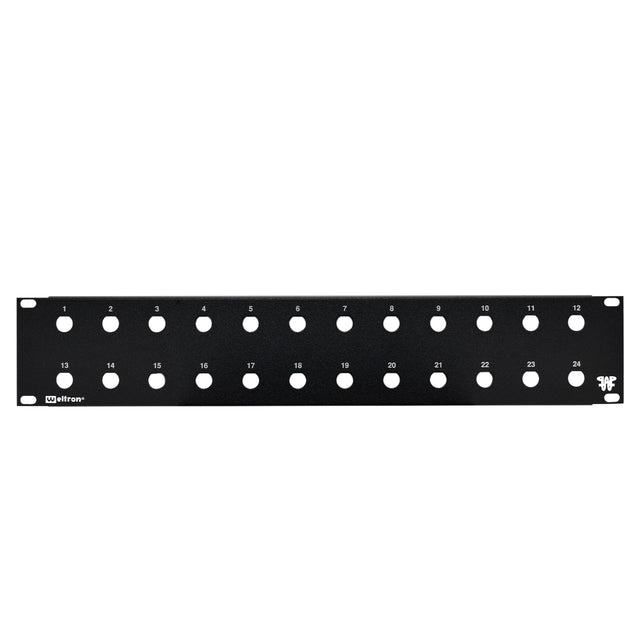 A black 24 port blank feedthru panel with 1/2" holes for rack mounting.