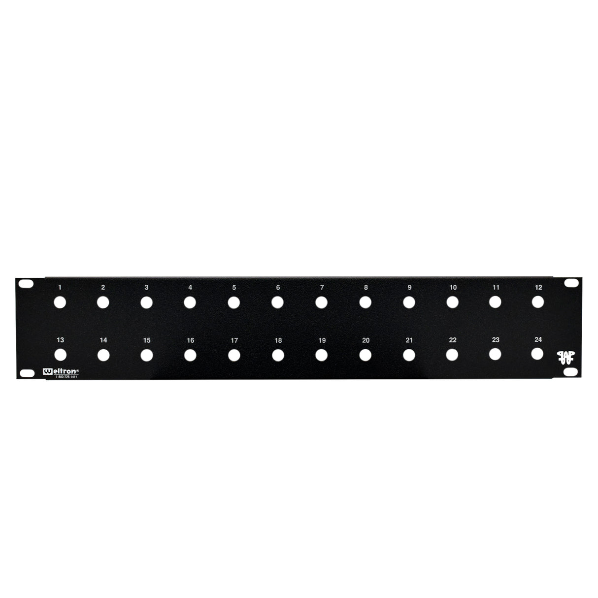 A black 24 port blank feedthru panel with 3/8 inch holes, designed for rack mounting.
