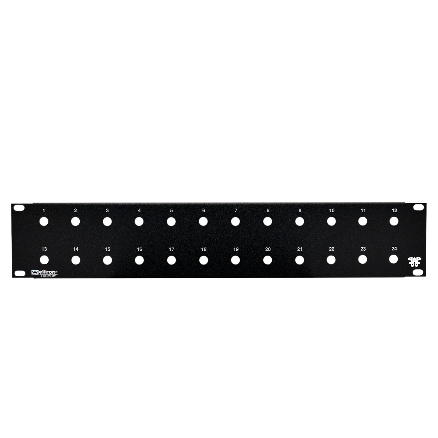 A black 24 port blank feedthru panel with 3/8 inch holes, designed for rack mounting.