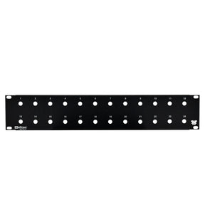 A black 24 port blank feedthru panel with 3/8 inch holes, designed for rack mounting.