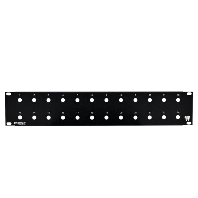 A black 24 port blank feedthru panel with 3/8 inch holes, designed for rack mounting.
