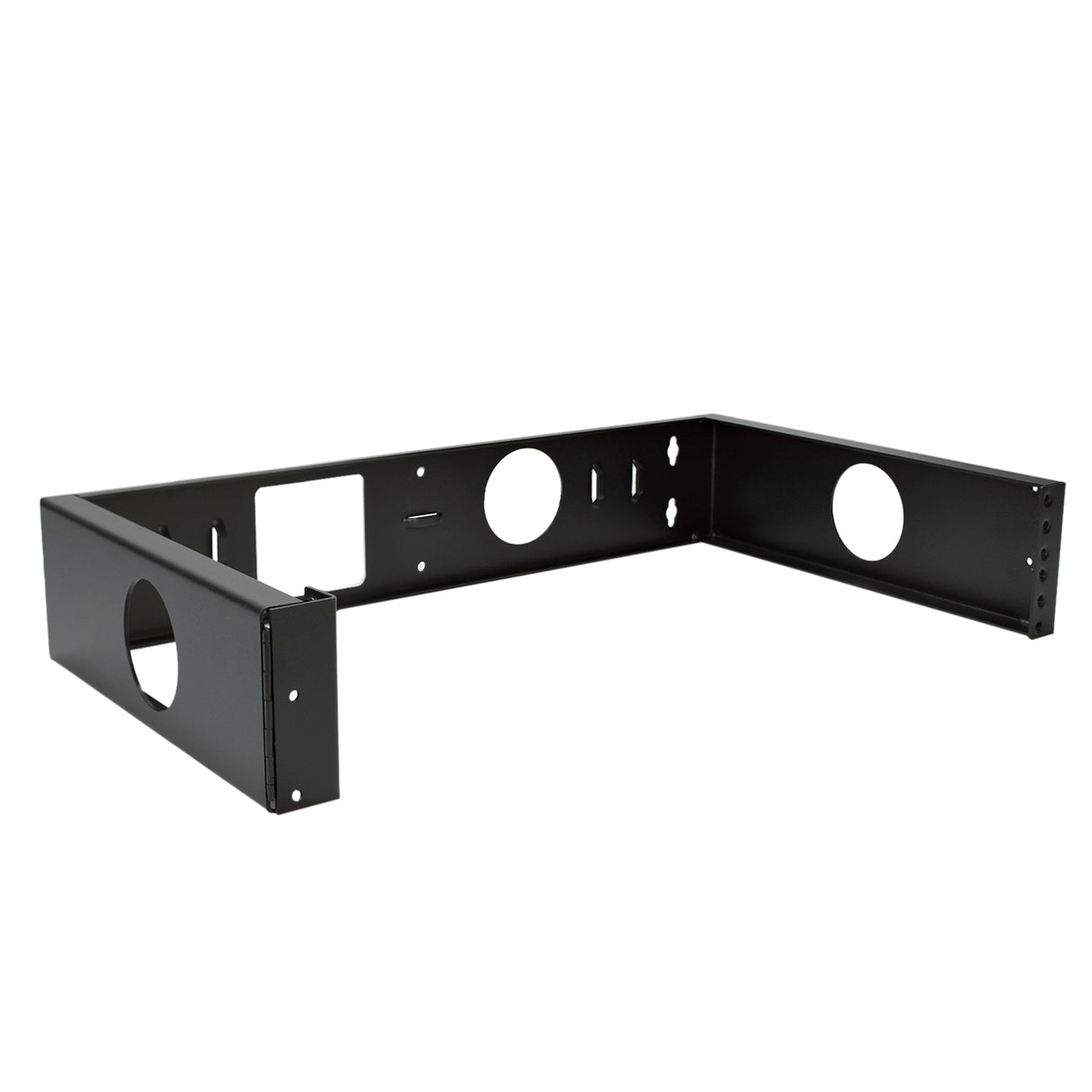 A black 2 RU wall mount bracket with a 12-inch depth, designed for mounting network equipment, featuring a hinged wall mount design and multiple mounting holes.