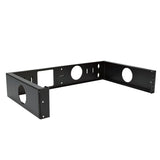 A black 2 RU wall mount bracket with a 12-inch depth, designed for mounting network equipment, featuring a hinged wall mount design and multiple mounting holes.