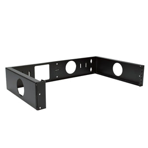 A black 2 RU wall mount bracket with a 12-inch depth, designed for mounting network equipment, featuring a hinged wall mount design and multiple mounting holes.