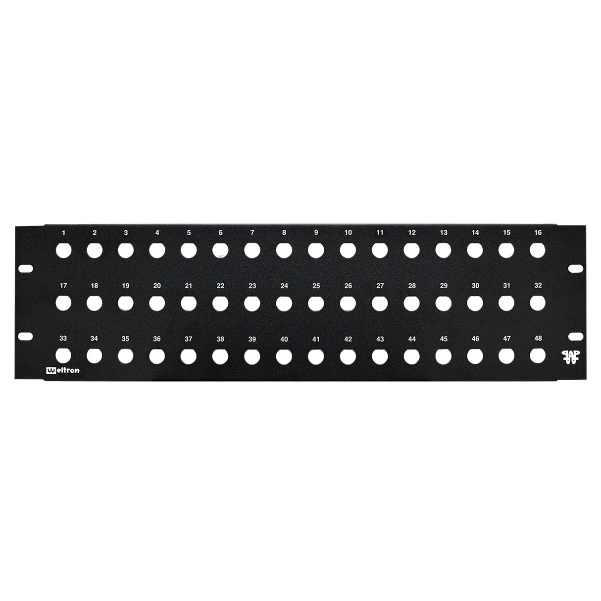A black 48 port blank feedthru panel with 1/2 inch holes for rack mounting.