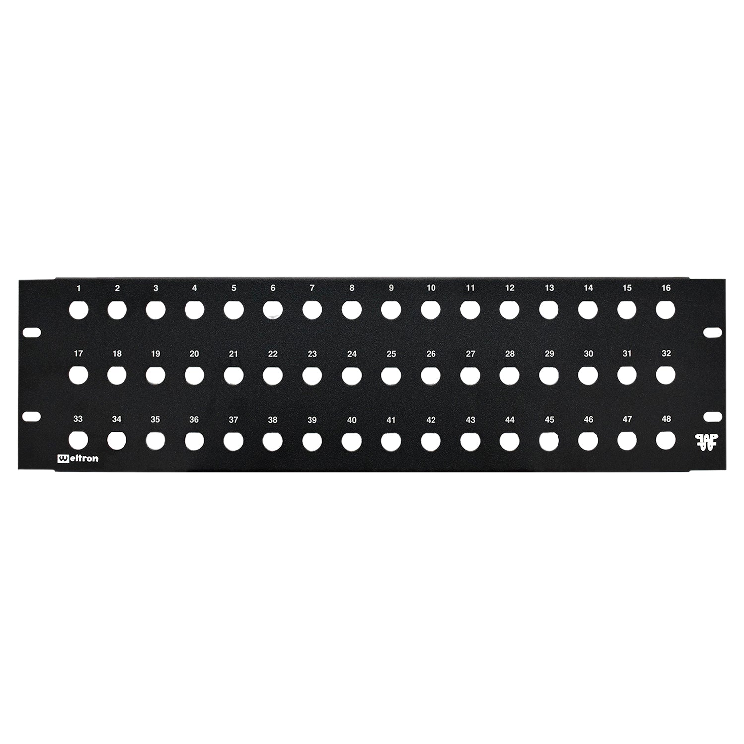 A black 48 port blank feedthru panel with 1/2 inch holes for rack mounting.